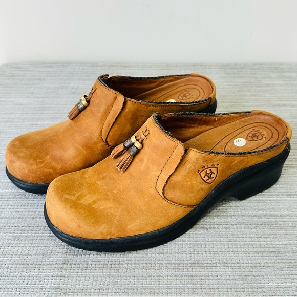 Ariat Womens Mendocino Mules Shoes Size 8,5 Brown Leather Slip On Tassel Clogs - Picture 2 of 10